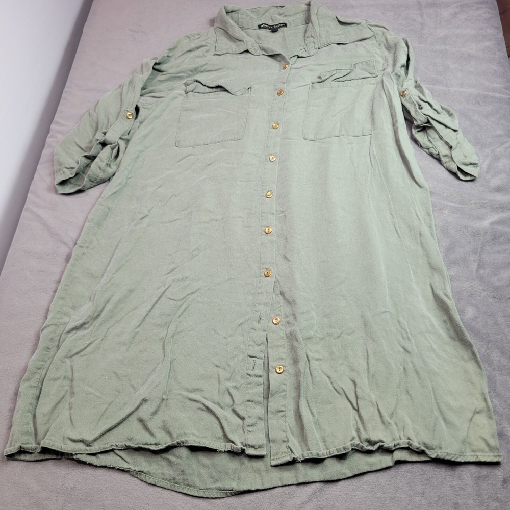 Always Indigo 1X Sage Green Button-Up Tencel Shirt Dress W/ Roll-Tab Sleeves & C